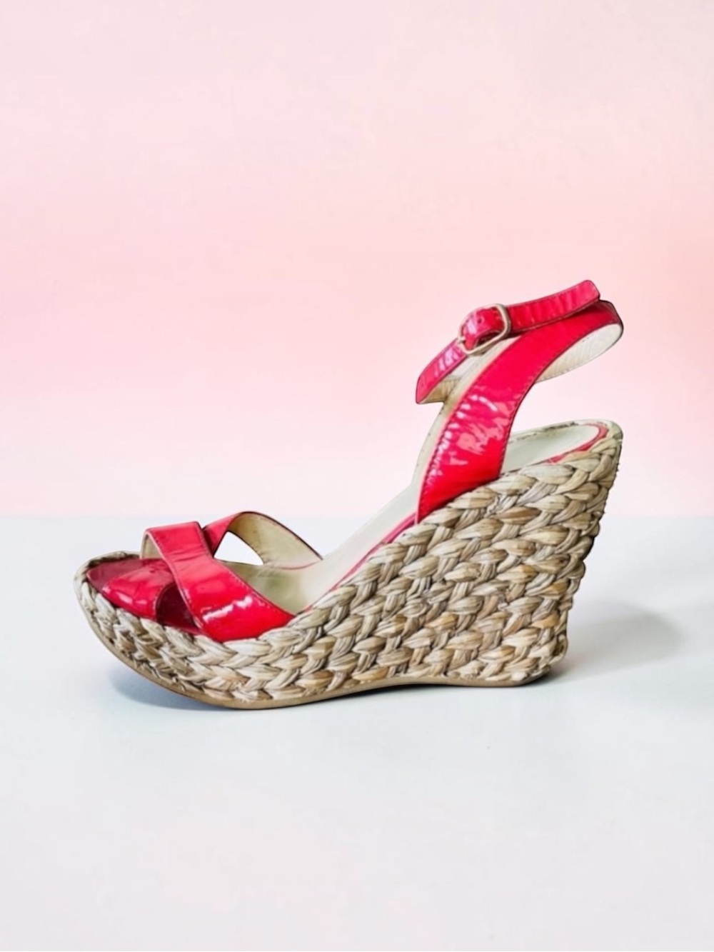 LK BENNETT RED PATENT STAPPY ESPADRILLE RAFFIA WEDGE SIZE 8